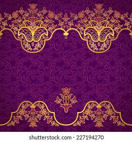 Vector floral border in Eastern style. Ornate element for design and place for text. Ornamental vintage pattern for wedding invitations and greeting cards. Traditional gold decor on purple background.