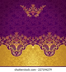 Vector floral border in Eastern style. Ornate element for design and place for text. Ornamental vintage pattern for wedding invitations and greeting cards. Traditional gold decor on purple background.
