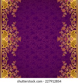 Vector floral border in Eastern style. Ornate element for design and place for text. Ornamental vintage pattern for wedding invitations and greeting cards. Traditional gold decor on purple background.