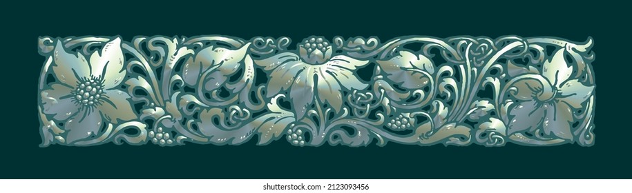Vector floral border ornament in the old style in volumetric silver coloring 