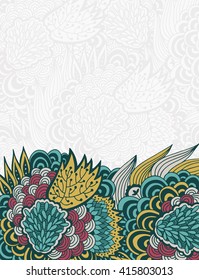 Vector floral border, ornamental frame with flowers, leaves and waves doodles on a floral delicate background