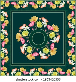Vector floral border pattern for shawl, hijab, tablecloth design. Ornament of yellow and pink flowers in a square and a circle. Dark green background.
