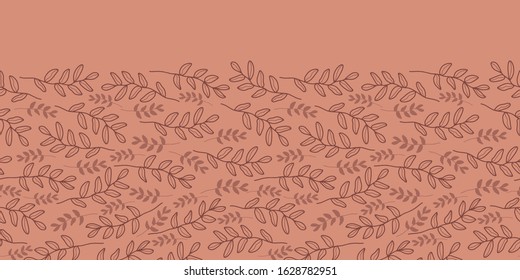 Vector floral border in pink. Simple doodle twig with leaves made into texture. Great for invitations, decor, packaging, ribbon, greeting cards, stationary.
