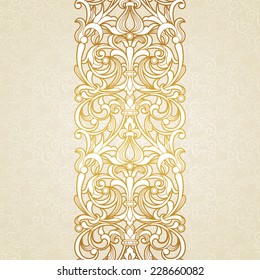 Vector floral border in Victorian style. Ornate element for design, place for text. Ornamental vintage pattern for wedding invitations and greeting cards. Traditional golden decor on light background.