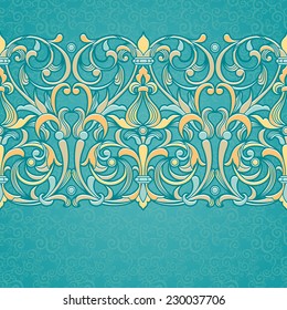Vector floral border in Victorian style. Ornate element for design, place for text. Ornamental vintage pattern for wedding invitations, greeting cards. Traditional decor on turquoise background.