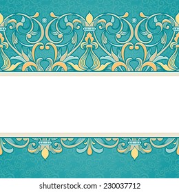 Borde floral vectorial de estilo victoriano. Elemento ordenado para el diseño, lugar para el texto. Patrón original para invitaciones de boda, tarjetas de felicitación. Decoración tradicional de fondo turquesa.