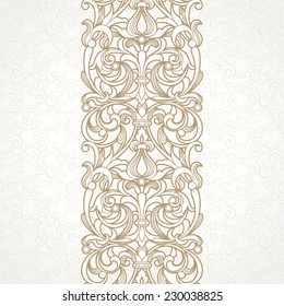 Vector floral border in Victorian style. Ornate element for design and place for text. Ornamental vintage pattern for wedding invitations and greeting cards. Traditional decor on light background.