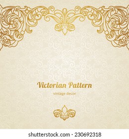 Vector floral border in Victorian style. Ornate element for design, place for text. Ornamental vintage pattern for wedding invitations and greeting cards. Traditional golden decor on light background.