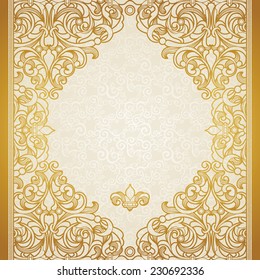 Borde floral vectorial de estilo victoriano. Elemento ordenado para el diseño, lugar para el texto. Diseño original para invitaciones de boda y tarjetas de felicitación. Decoración tradicional dorada sobre fondo claro.