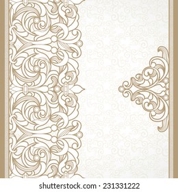 Vector floral border in Victorian style. Ornate element for design and place for text. Ornamental vintage pattern for wedding invitations and greeting cards. Traditional decor on light background.
