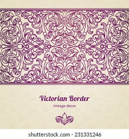 Vector floral border in Victorian style. Ornate element for design, place for text. Ornamental vintage pattern for wedding invitations and greeting cards. Traditional purple decor on light background.