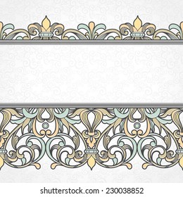 Vector floral border in Victorian style.Ornate element for design, place for text. Ornamental vintage pattern for wedding invitations and greeting cards.Traditional colorful decor on light background.