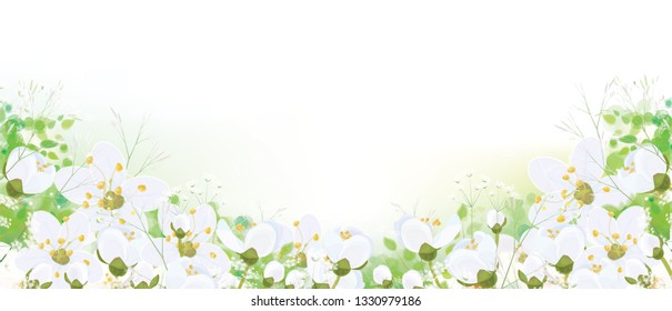 Vector floral  border. White flowers and leaves,  isolated on white.