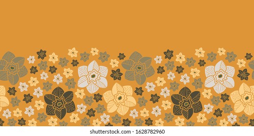Vector floral border in yellow and green. Simple doodle big and small flowers. Great for invitations, decor, packaging, ribbon, greeting cards, stationary.
