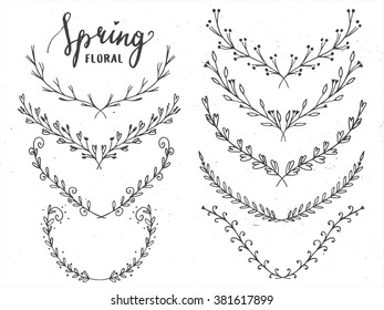 Vector Floral borders on chalkboard. Sketch frames, hand-drawn with ink. Spring floral collection