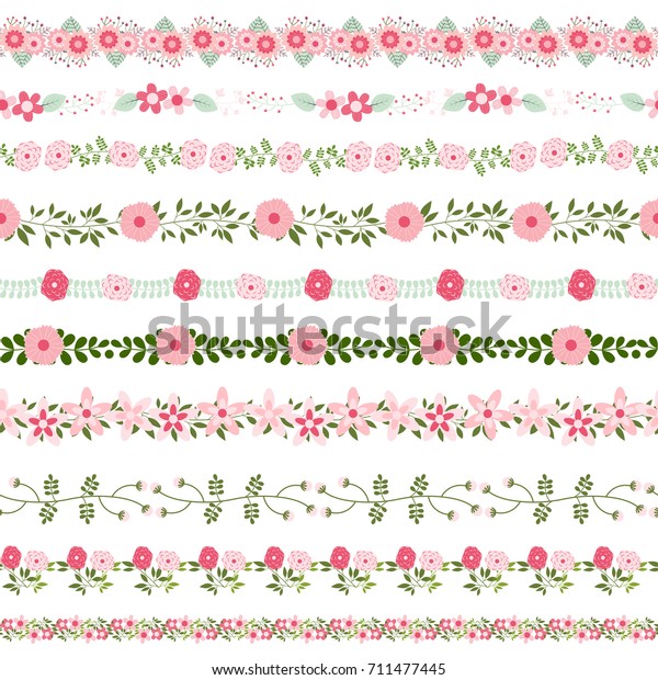 Vector floral borders in pink and green colors\
- could be connected\
seamlessly