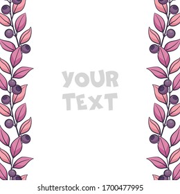 Bordes florales vectoriales; bordes verticales de arándanos con hojas moradas para tarjetas de felicitación, invitaciones, tarjetas de boda, carteles, banners, diseño web.