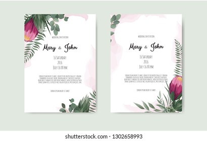 Vector floral botanical card design with leaves with geometrical frame. Protea Flower bouquet.