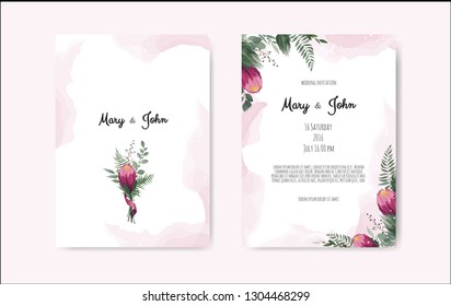 Diseño de tarjeta botánica floral vectorial con hojas con marco geométrico. Ramo de flores Protea.