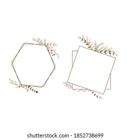 Vector floral botanical card design with leaves with geometrical frame. 