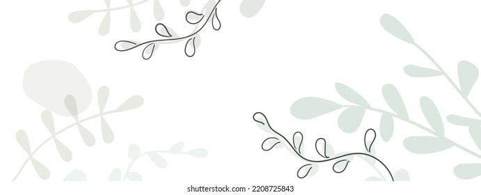 Vector floral botanical card design with leaves. Banner on white background with tropical leaves, eucalyptus branches with place for text.
