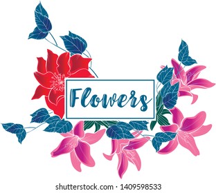 Vector floral botanical decoration border with lily flower and tree branch. Ink art hand drawn design elements for cards and frame design