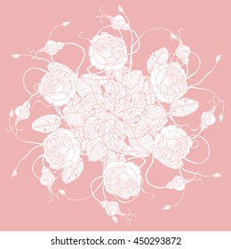 Vector floral bouquet in circular shape. Hand-drawn, retro, luxury classic style. The best for design, textiles, wedding book. Perfect for invitations and announcements. white on pink background