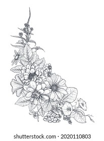 Vector floral bouquet, composition with black and white hand drawn herbs and wildflowers in sketch style