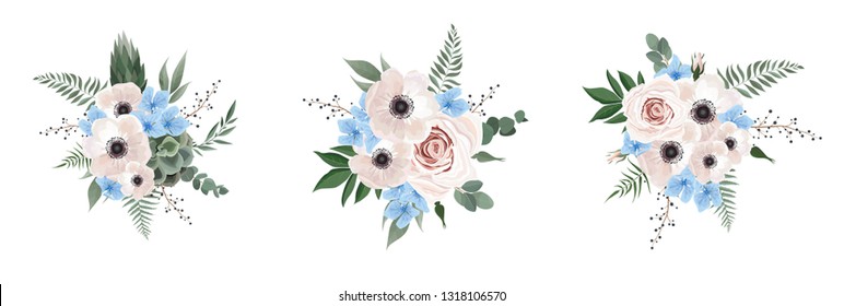 Vector floral bouquet design anemone, Eucalyptus branch . Wedding vector invite card Watercolor designer element set.