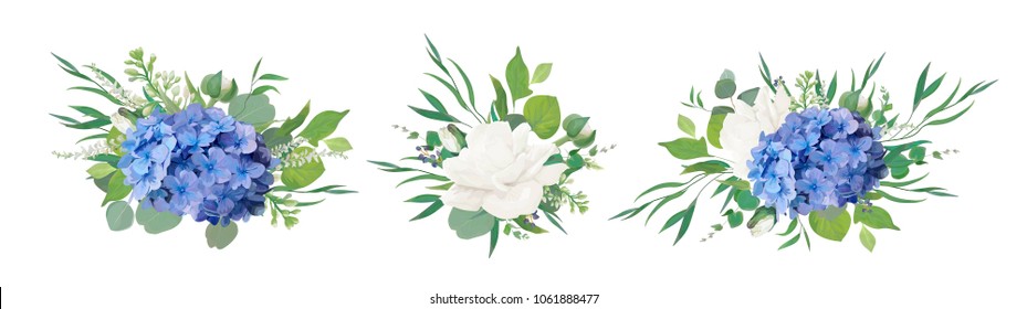 Vector floral bouquet design: blue hydrangea flower, garden peony Rose, anemone poppy, ranunculus bud, white lilac, eucalyptus branches & greenery leaves. Vector, watercolor style designer element set