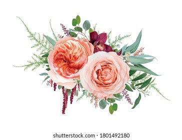 Vector floral bouquet design: blush peach Juliette rose flower, pale rose flowers, burgundy red orchid, coral heather, amaranth, Eucalyptus branch, greenery leaves, tender fern. Wedding invite element