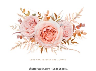Vector floral bouquet design. Blush peach Roses, taupe, brown beige cream autumn Eucalyptus branches, leaves, fall burnt orange fern. Elegant watercolor wedding invite card decorative isolated element
