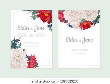 Vector floral bouquet design: chrysantemum, dahlia, greenery, leaves, flower, berry. Wedding vector invitation card. Perfect for background greeting cards of the birthday, Valentine's, Mother's Day.