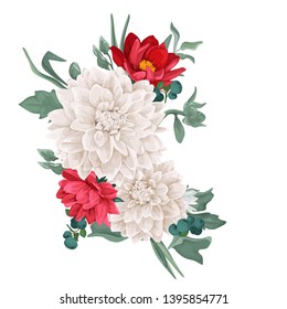 Vector floral bouquet design: chrysantemum, dahlia, greenery, leaves, flower, berry. Wedding vector invitation card. Perfect for background greeting cards of the birthday, Valentine's, Mother's Day.