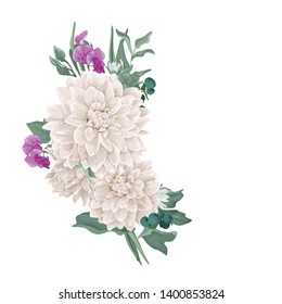 Vector floral bouquet design: chrysantemum, dahlia, greenery, leaves, flower, berry. Wedding vector invitation card. Perfect for background greeting cards of the birthday, Valentine's, Mother's Day.
