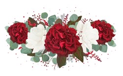 Vector Floral Bouquet Design: Garden Red, Burgundy Rose Flower, White Peony, Seeded Eucalyptus Branch, Amaranthus & Silver Green Fern Leaves, Watercolor Designer Element. Wedding Invite Card, Greeting