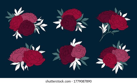 Vector floral bouquet design: garden red peony greenery leaves. Wedding vector invite card editable element set bundle. Vector design