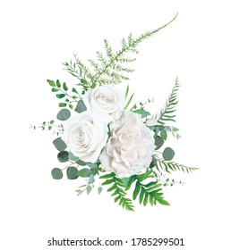 Vector floral bouquet design: Garden ivory white powder pale peony Rose flower, Eucalyptus branch, greenery leaves, forest ferns, asparagus & herbs. Wedding elegant cute watercolor invite card element