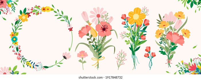 Vector floral bouquet design: garden pink peach lavender creamy powder pale Rose wax flower, anemone Eucalyptus branch greenery leaves berry. Wedding vector invite card Watercolor designer element set