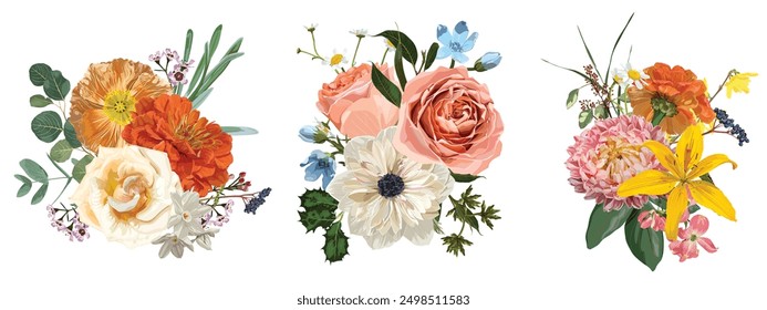 Vector floral bouquet design: garden creamy powder Rose, lily, zinnia flower, anemone Eucalyptus branch greenery leaves berry. Wedding vector invite card. Designer element set. White background.