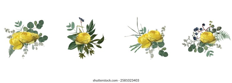 Vector floral bouquet design: garden yellow Rose, Eucalyptus branch greenery leaves berry. Wedding vector invite card. Designer element set. White background.