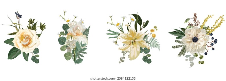 Vector floral bouquet design: garden white beige Rose, iris, anemone, Eucalyptus branch greenery leaves berry. Wedding vector invite card. Designer element set. White background.