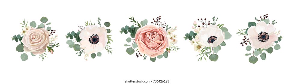 Projeto de buquê floral vetor: jardim rosa pêssego lavanda cremoso pó pálido flor de cera de rosa, anêmona eucalipto ramo vegetação deixa baga. Vetor de casamento convite cartão de aquarela designer conjunto de elementos