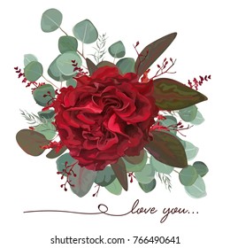 Vector floral bouquet design: garden red burgundy Rose flower, seeded antique Eucalyptus branch, marsala amaranthus, silver green fern leaves Watercolor designer element. Wedding invite, greeting card