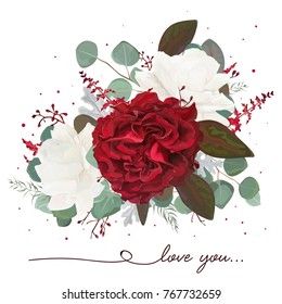 Vector floral bouquet design: garden red, burgundy Rose flower, white peony, seeded Eucalyptus branch, amaranthus & silver green fern leaves, Watercolor designer element. Wedding invite card, greeting