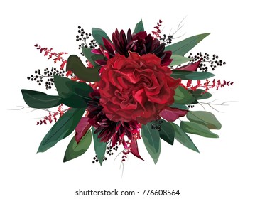 Vector floral bouquet design: garden red, burgundy Rose purple dahlia flower, Eucalyptus green tree leaf branch greenery, amaranthus & black berries. Watercolor designer element. Wedding invite card