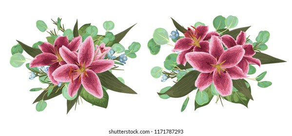 Vector floral bouquet design: set of tender burgundy, pink lily flowers, buds and green leaves. Wedding vector for invite card. Watercolor designer editable element bundle. Beautiful design element. E