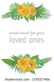 Vector floral bouquet design. Set yellow lily flowers. Tropical palm leaves, monstera, kentia palm trees, diffenbachia, coconut. Wedding vector for invite card. Designer editable element bundle