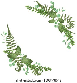 Vector floral bouquet design: set green forest fern, branches boxwood, buxus. Vector watercolor style, herbs, eucalyptus,. Wedding vector for invite card. Designer editable element bundle
