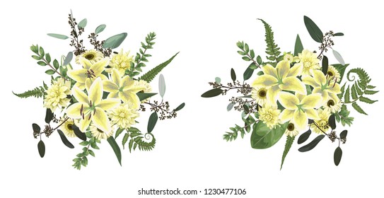 Vector floral bouquet design set, green forest leaf, fern, branches, buxus, eucalyptus. Flowers of yellow, white lily, gerbera, dahlia. Watercolor style, herbs. Wedding for invite card